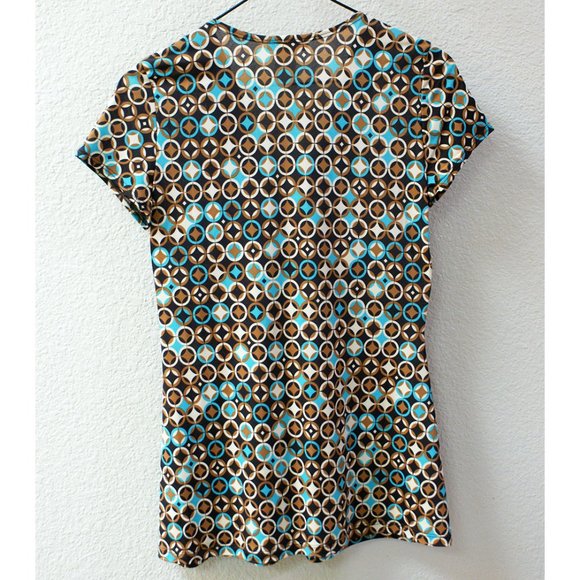 Teal and brown pattern top with faux leather trim - Picture 2 of 3